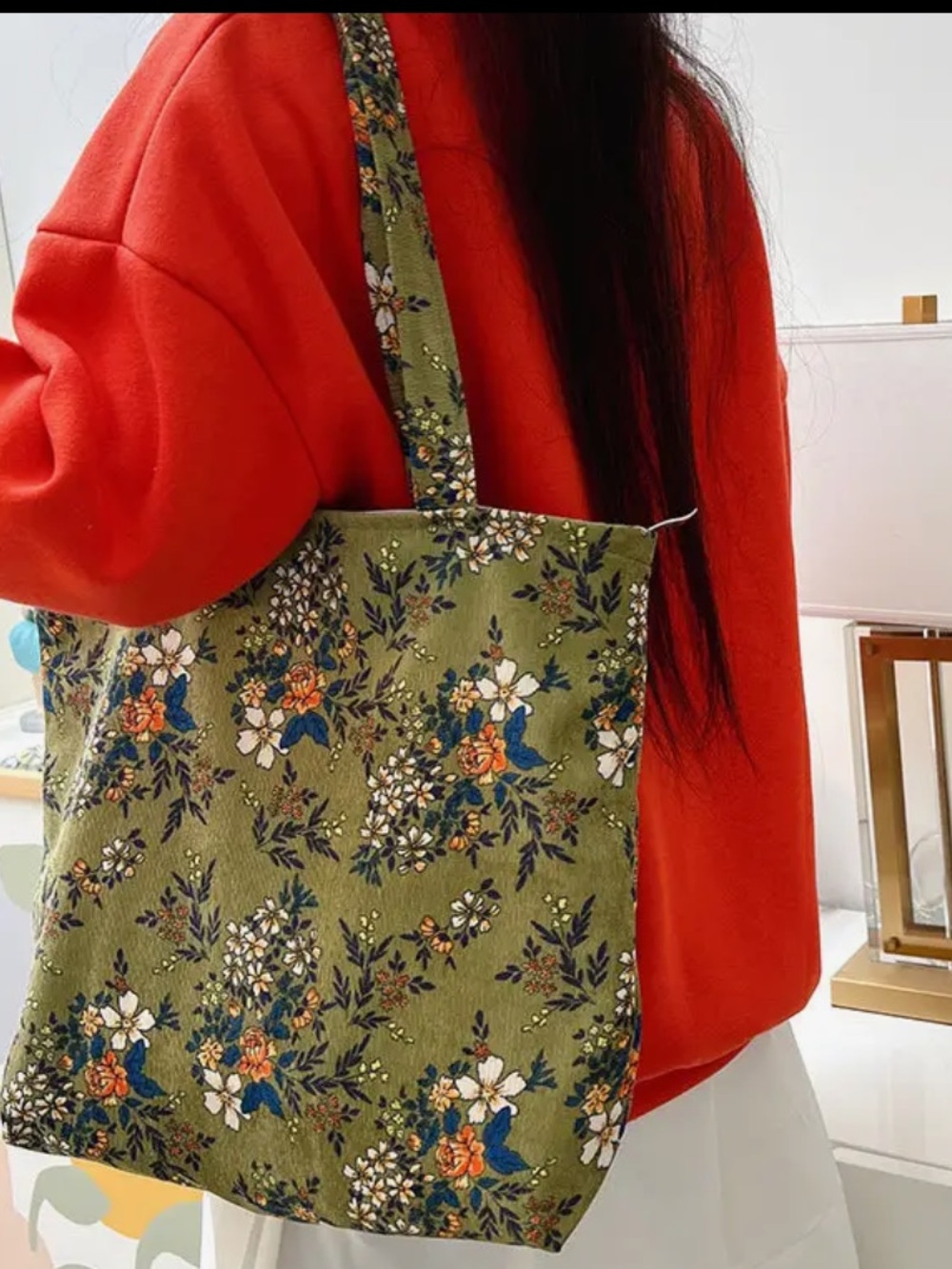 Floral Olive Green Tote Bag – Everyday Canvas Shoulder Bag - Picture 2 of 2